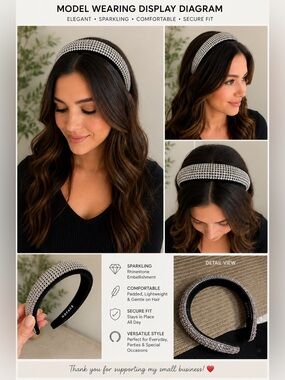 Nuface Crystal Rhinestone Padded Headband Black Velvet Sparkly Statement
